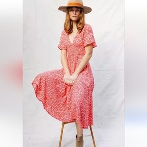 Free People In Full Bloom Floral Midi Maxi Dress Size XL Womens Red Short Sleeve
